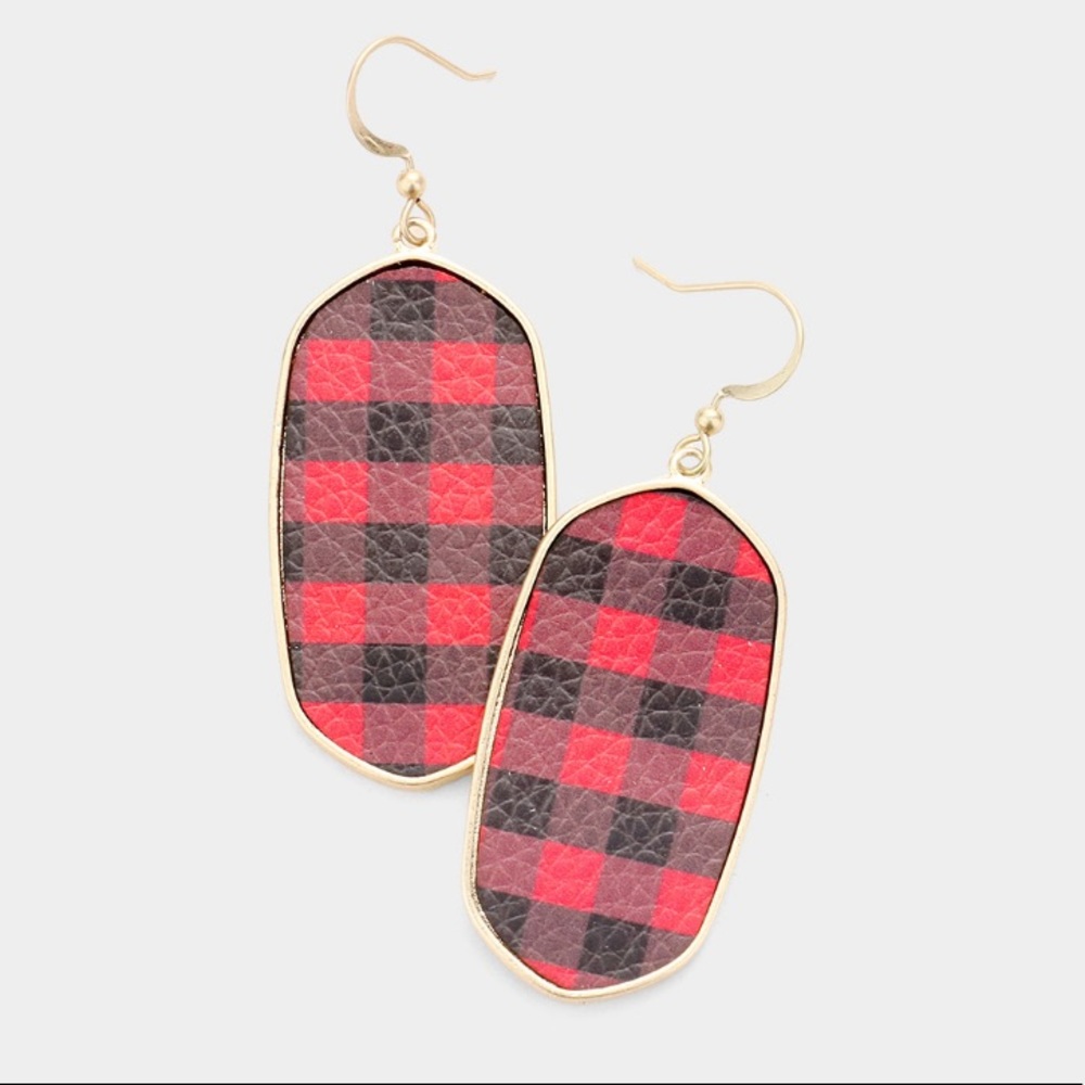 🆕 Dangle Buffalo Check Earrings - Red - Picture 1 of 3